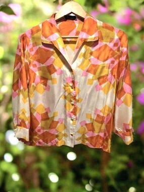 VINTAGE SILK 1970/80's CAPRICCI Abstract Print Geometric Blouse- Orange & Pink